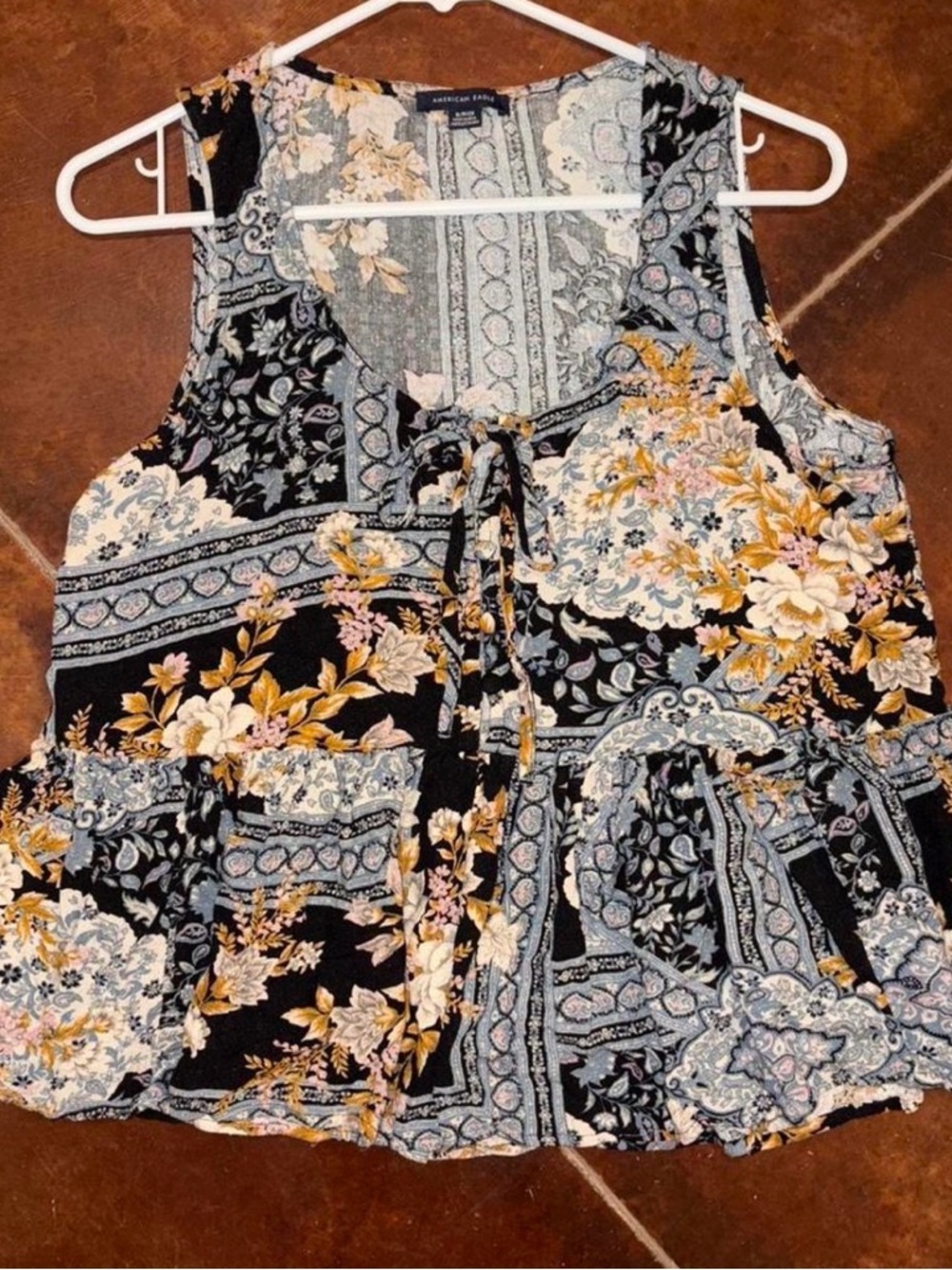 American Eagle Outfitters Black Floral Patchwork Tie-Front Tank Top